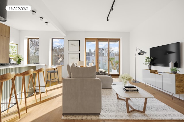 living area featuring light wood-type flooring, rail lighting, and visible vents