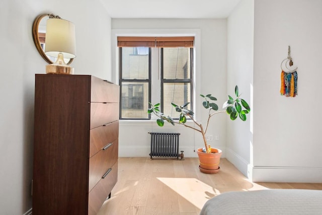 bedroom with radiator, multiple windows, and light hardwood / wood-style flooring