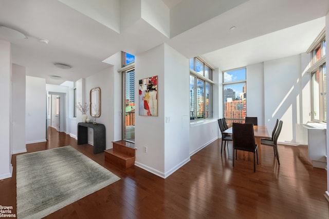 dining area featuring dark wood-style flooring, plenty of natural light, and baseboards