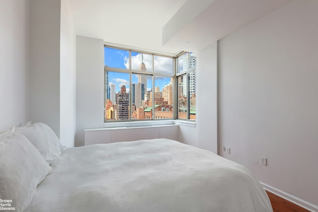 bedroom featuring a view of skyline, wood finished floors, and baseboards
