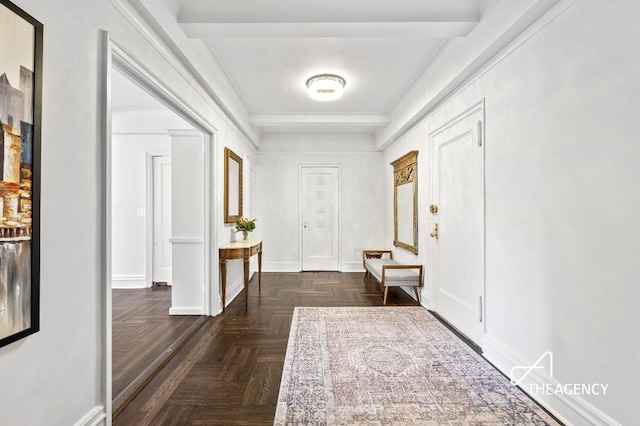 entryway featuring dark parquet floors