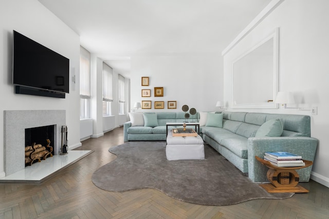 living area with baseboards and a premium fireplace