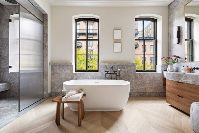 bathroom with parquet floors and toilet