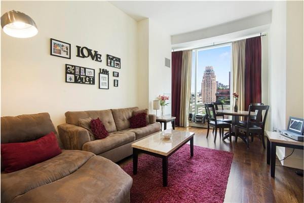 living room featuring a view of city and dark wood-type flooring