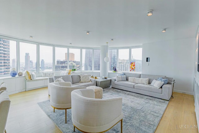 living room featuring light wood-style floors and a city view