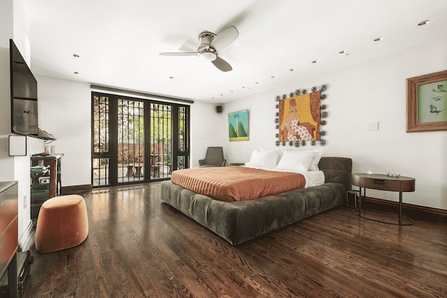 bedroom with wood finished floors, access to exterior, baseboards, and a ceiling fan