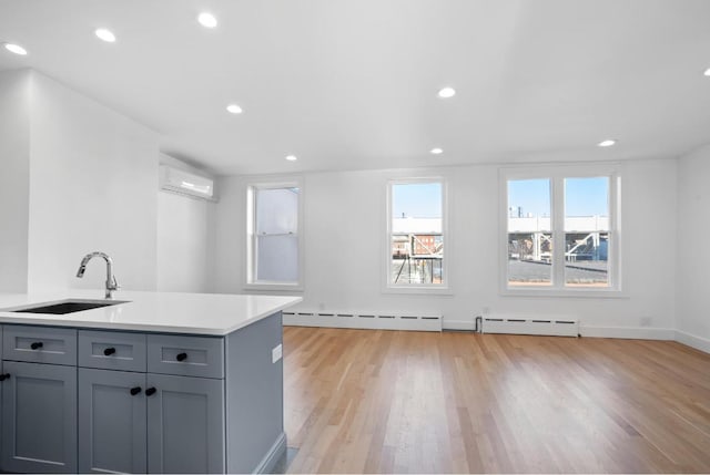 kitchen featuring light wood-style floors, a wealth of natural light, light countertops, and a sink