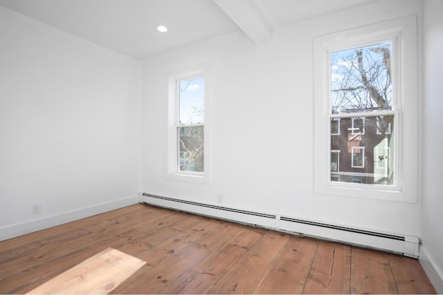 spare room featuring baseboards, wood finished floors, baseboard heating, beam ceiling, and recessed lighting