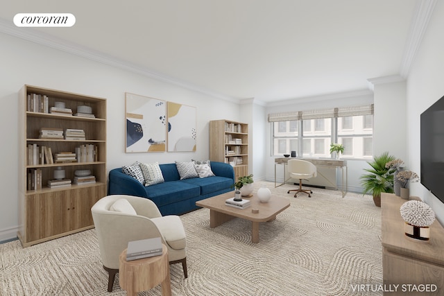 27 E 65th St Unit 5Bc, New York City, NY 10065 - living room with ornamental molding, a desk, and carpet floors