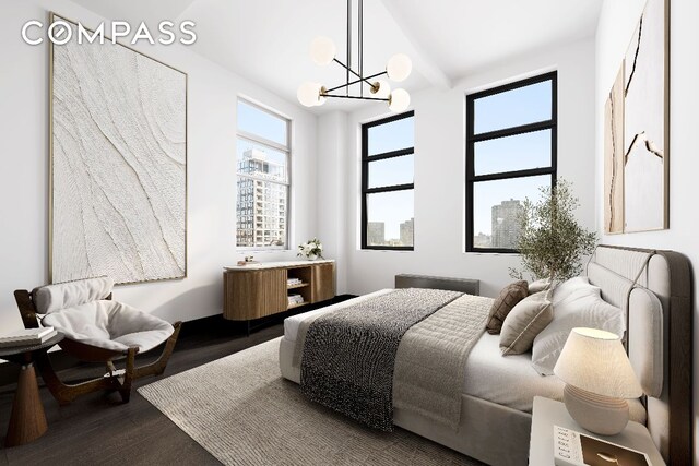 bedroom with beamed ceiling, hardwood / wood-style floors, and a notable chandelier