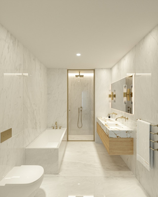 21 W 17th St Unit 3, New York City, NY 10011 - full bathroom featuring a bath, double vanity, a marble finish shower, toilet, and tile walls