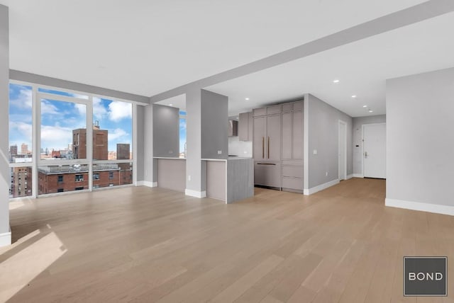 unfurnished living room with light hardwood / wood-style flooring and expansive windows