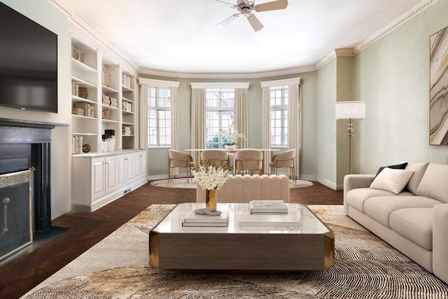 living room with ceiling fan, dark hardwood / wood-style flooring, and crown molding