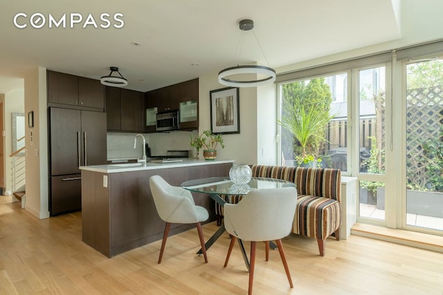 dining room with sink and light hardwood / wood-style flooring