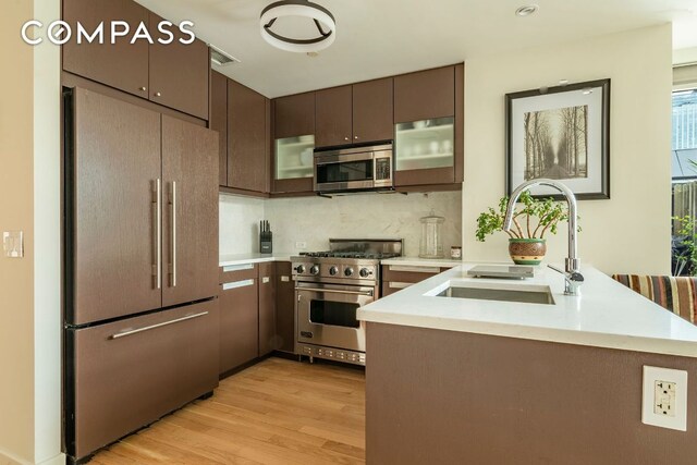 kitchen with sink, light wood-type flooring, tasteful backsplash, stainless steel appliances, and dark brown cabinetry