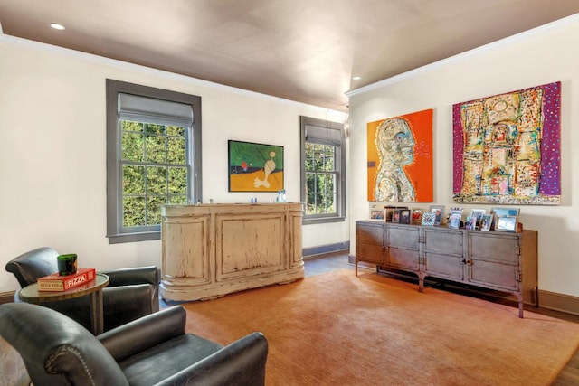 living area featuring crown molding and carpet flooring