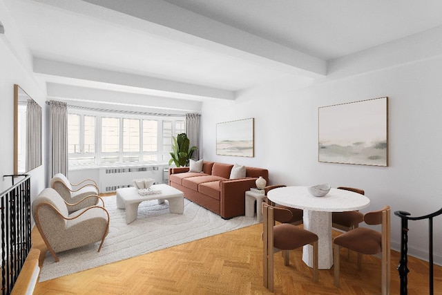 living room with radiator, beamed ceiling, and parquet flooring