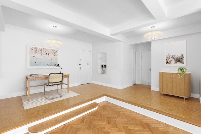 interior space with parquet floors, beam ceiling, and built in features