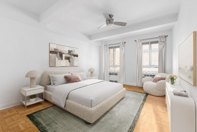 bedroom featuring ceiling fan and beam ceiling