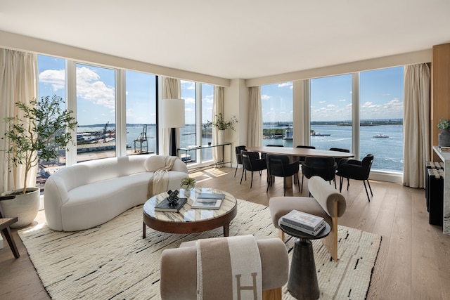 living area with light wood-type flooring and a water view