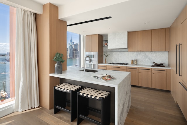 kitchen featuring light countertops, wood finished floors, light brown cabinetry, and a sink