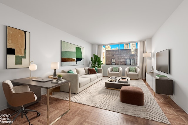 living room featuring light parquet flooring