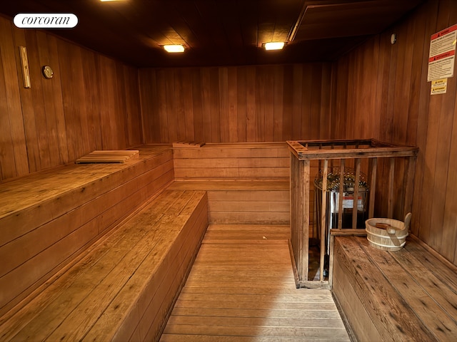 view of sauna with wood finished floors