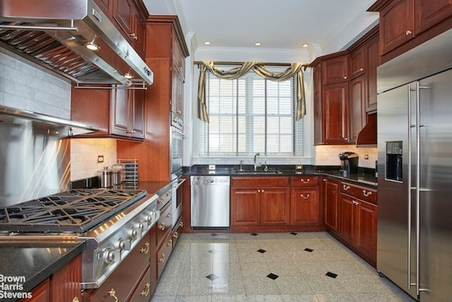 kitchen featuring sink, range hood, stainless steel appliances, tasteful backsplash, and ornamental molding