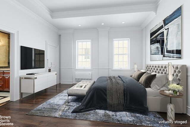 hallway with crown molding and dark parquet floors