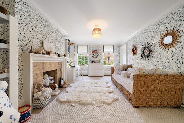 bedroom featuring ornamental molding and a fireplace