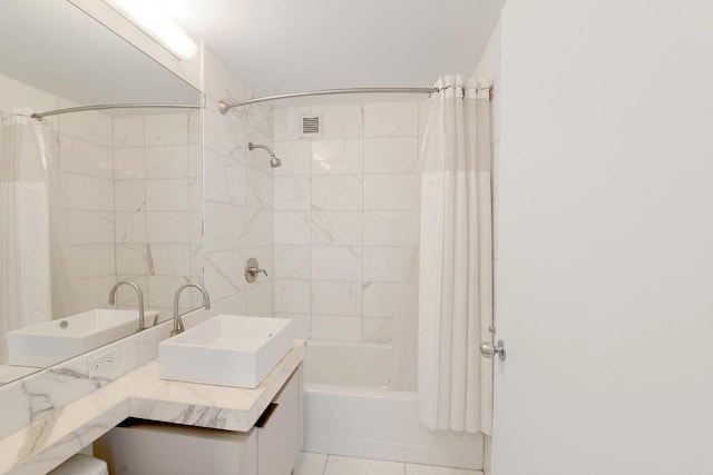 full bath with shower / bath combination with curtain, tile patterned flooring, visible vents, and vanity