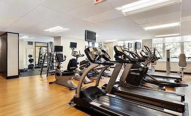 exercise room featuring wood finished floors