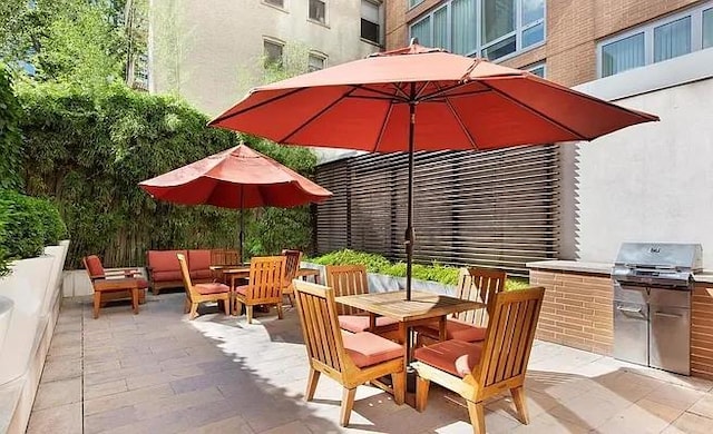 view of patio / terrace featuring exterior kitchen, outdoor dining area, and grilling area