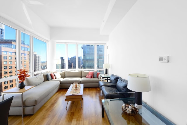 250 E 53rd St Unit 3302, New York City, NY 10022 - living room with a city view and light wood-type flooring