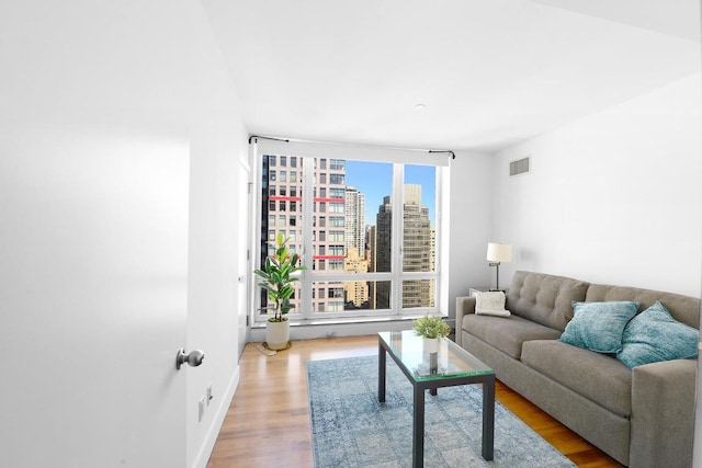 living room featuring light wood finished floors, visible vents, and a city view