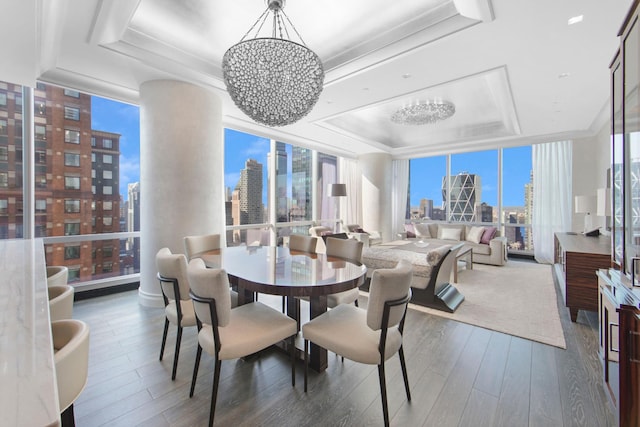 dining space featuring expansive windows, a raised ceiling, a notable chandelier, and wood finished floors