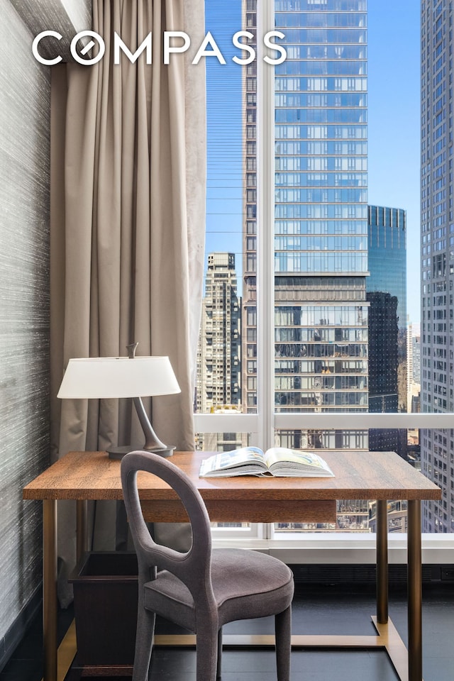 dining space featuring a city view