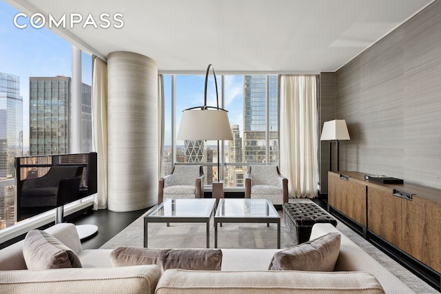 living room featuring a wall of windows, a healthy amount of sunlight, and a view of city