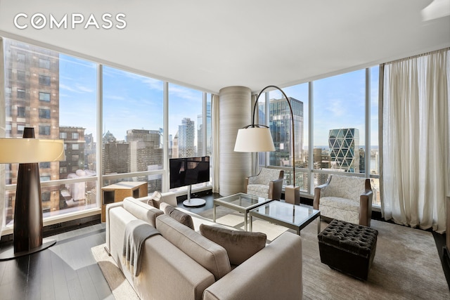 living room featuring plenty of natural light, wood finished floors, and expansive windows