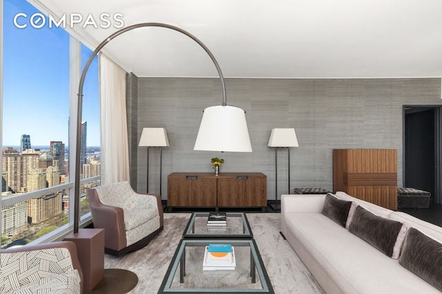 living area featuring a city view