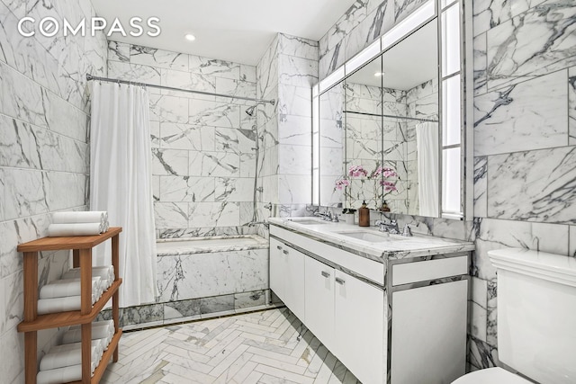 100 Barclay St Unit 11C, New York City, NY 10007 - bathroom with tile walls, tiled shower / bath combo, double vanity, and recessed lighting