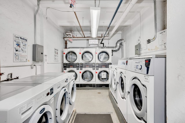 9707 4th Ave Unit 3R, New York City, NY 11220 - communal laundry room with washing machine and dryer, electric panel, and stacked washer / drying machine