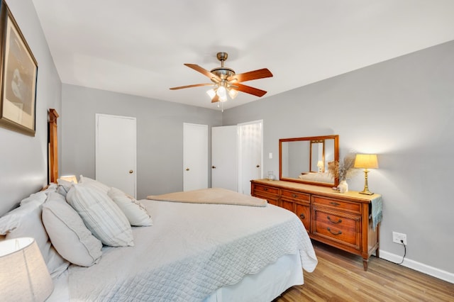 bedroom with ceiling fan and light hardwood / wood-style flooring