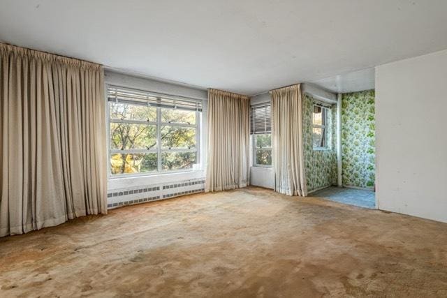 carpeted empty room with a baseboard heating unit and a wealth of natural light