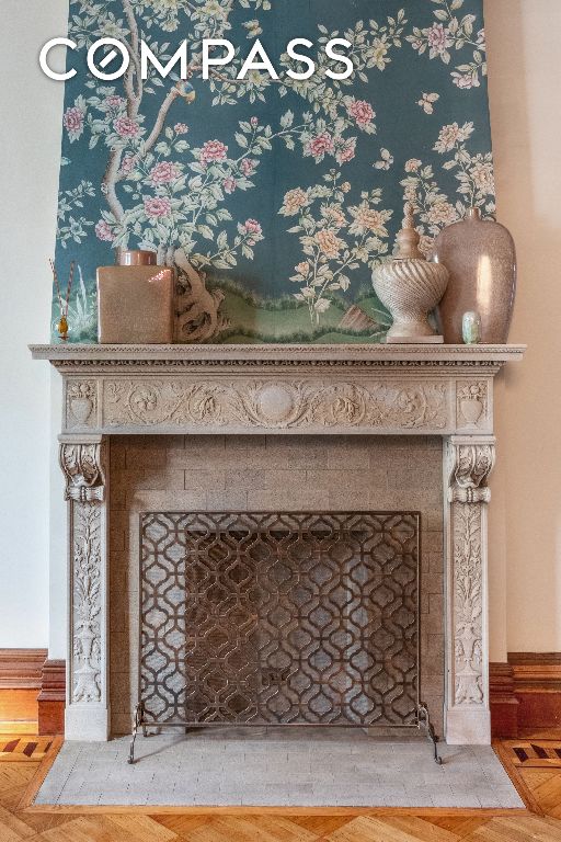 details featuring a premium fireplace