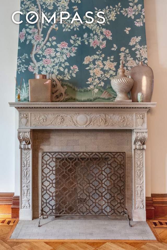 details featuring a fireplace