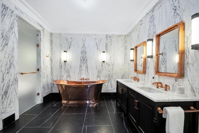 bathroom featuring ornamental molding, a bath, and vanity