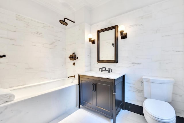 full bathroom featuring tile walls, vanity, bathtub / shower combination, and toilet