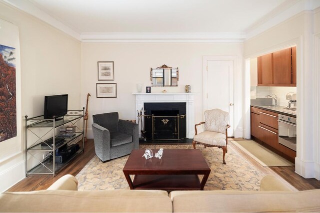 living room featuring ornamental molding, hardwood / wood-style floors, and sink