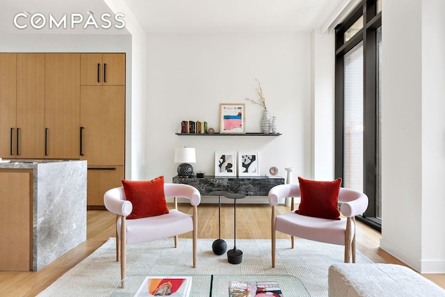 living area with light hardwood / wood-style flooring